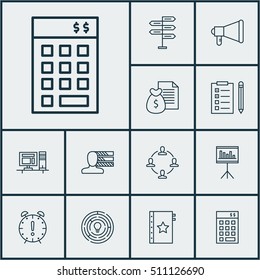Set Of Project Management Icons On Announcement, Time Management And Warranty Topics. Editable Vector Illustration. Includes Brainstorming, Workspace, Idea And More Elements