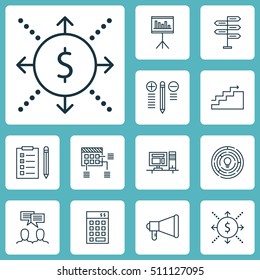 Set Of Project Management Icons On Announcement, Computer And Discussion Topics. Editable Vector Illustration. Includes Promotion, Goal, Growth And More Vector Icons.