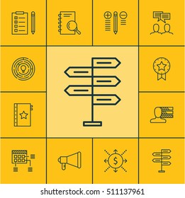 Set Of Project Management Icons On Announcement, Analysis And Decision Making Topics. Editable Vector Illustration. Includes Team, Badge, Solution And More Vector Icons.