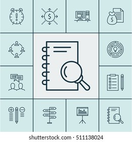 Set Of Project Management Icons On Analysis, Discussion And Presentation Topics. Editable Vector Illustration. Includes Reminder, Discussion, Cash And More Vector Icons.