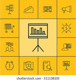 Set Of Project Management Icons On Discussion, Growth And Analysis Topics. Editable Vector Illustration. Includes Goal, Making, Meeting And More Vector Icons.