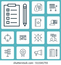 Set Of Project Management Icons On Computer, Discussion And Money Topics. Editable Vector Illustration. Includes List, Badge, Office And More Vector Icons.