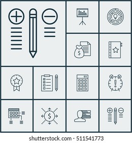Set Of Project Management Icons On Money, Schedule And Presentation Topics. Editable Illustration. Includes Warranty, Deadline, Solution And More Vector Icons.