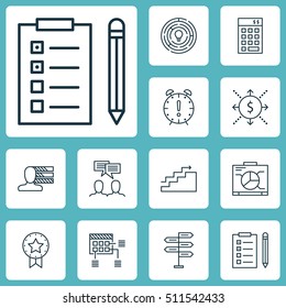Set Of Project Management Icons On Discussion, Personal Skills And Investment Topics. Editable Illustration. Includes Goal, Fork, Dashboard And More Vector Icons.