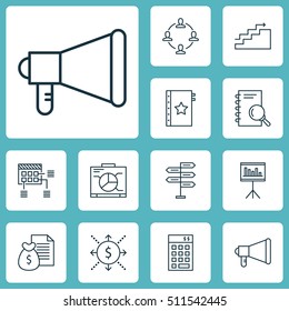 Set Of Project Management Icons On Money, Presentation And Announcement Topics. Editable Illustration. Includes Promotion, Goal, Warranty And More Vector Icons.