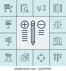 Set Of Project Management Icons On Money, Opportunity And Discussion Topics. Editable Vector Illustration. Includes Cash, Teamwork, Report And More Vector Icons.