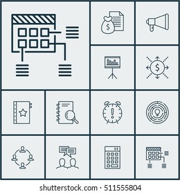 Set Of Project Management Icons On Collaboration, Announcement And Investment Topics. Editable Vector Illustration. Includes Project, Promotion, Notebook And More Vector Icons.