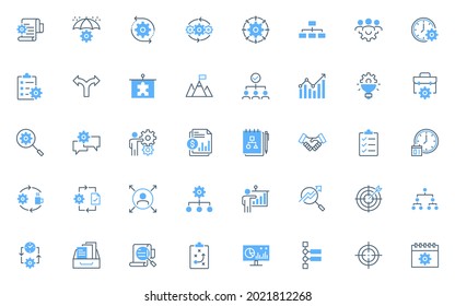 conjunto de iconos de línea de administración de proyectos, negocios, organización, proceso, planificación