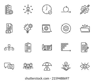 set of project management line icons, business, organization