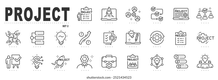 Conjunto de ícones de linha relacionados ao gerenciamento de projetos. Relatório, plano, inicialização, engrenagem, lâmpada etc. Traçado editável