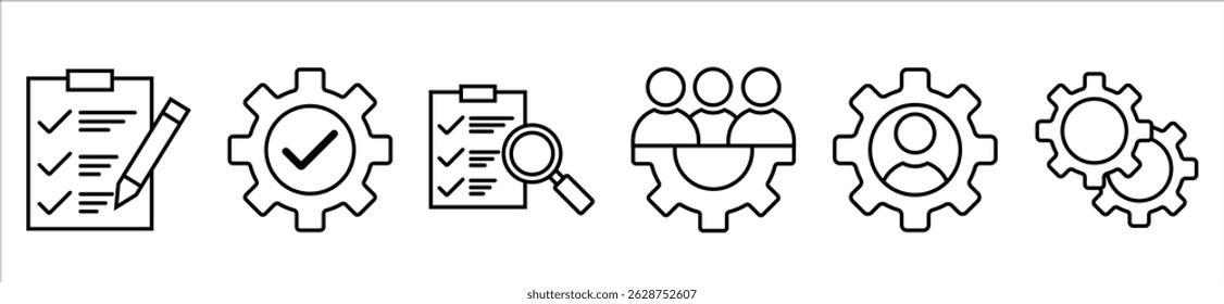 Conjunto de iconos de línea delgada de gestión de proyectos. negocios, trabajo en equipo, análisis, planificación, desarrollo, destino, marketing, colecciones de iconos de gestión de tiempo. Ilustración vectorial