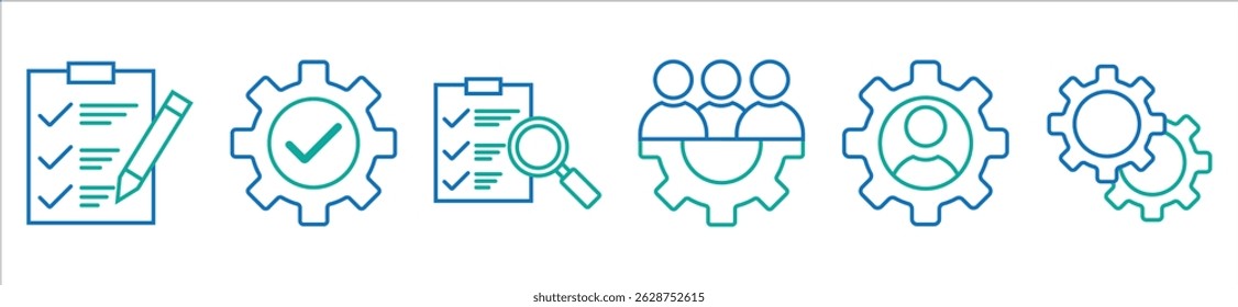 conjunto de gerenciamento de projeto ícone de linha fina. negócios, trabalho em equipe, análise, planejamento, desenvolvimento, destino, marketing, gerenciamento de tempo ícone coleções. vetor ilustração