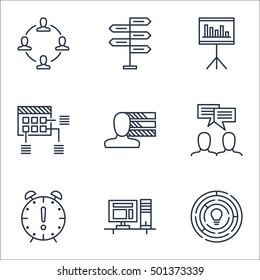 Set Of Project Management Workspace Icons On Presentation, Discussion And Initiative, Communication, Marketing Elements. Editable Vector Illustration of Workspace Icon for Mobile Web Logo Design.