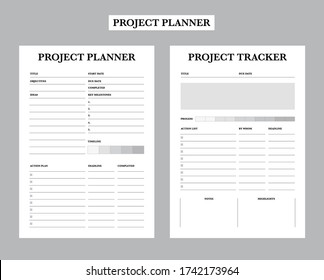 Set of project planner sheets.
Project planner and project tracker template. Clear and simple printable. Business organizer page.