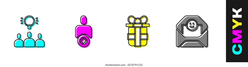 Set Project team base, Add to friend, Gift box and Envelope with Valentine heart icon. Vector