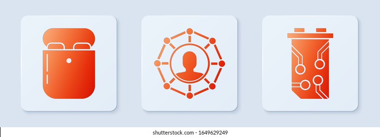 Set Project team base, Air headphones in box and Video graphic card. White square button. Vector