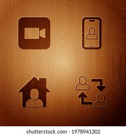 Set Project team base, Camera, Online working and Video chat conference on wooden background. Vector