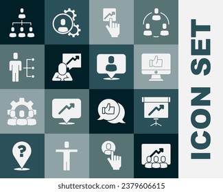 Set Project team base, Chalkboard with diagram, Hand like, Team leader, User of man in business suit, Hierarchy organogram chart and Head hunting icon. Vector