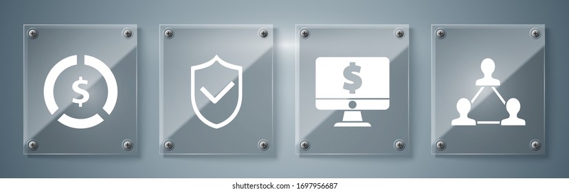 Set Project team base, Computer monitor with dollar symbol, Shield with check mark and Coin money with dollar symbol. Square glass panels. Vector