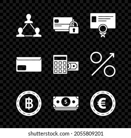 Set Project Team Base, Kreditkarte mit Schloss, Zertifikat Vorlage, Kryptowährungs-Coin Bitcoin, Papiergeld-Stacks Bargeld, Coin Euro Symbol, Umschlag und Calculator Dollar Symbol. Vektorgrafik