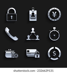 Set Project team base, Credit card with lock, Coin money dollar symbol, Stopwatch, Wallet coins, Telephone handset, Yen and Lock icon. Vector