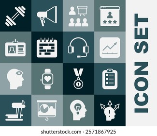 Set Project team base, To do list or planning, Financial growth increase, Training, presentation, Calendar, Identification badge, Dumbbell and Headphones icon. Vector