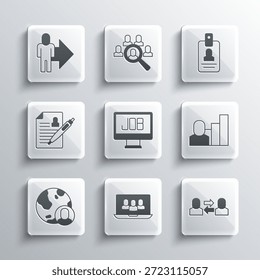 Establecer la base del equipo del proyecto, trabajo de intercambio, humano productivo, trabajo de Búsqueda, Globo y personas, currículum, líder de los ejecutivos e ícono de insignia de Identificación. Vector