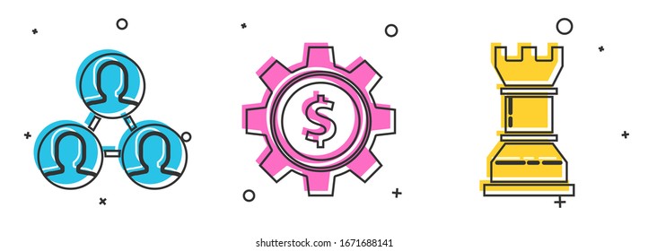 Set Project team base, Gear with dollar symbol and Business strategy icon. Vector