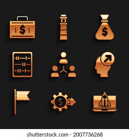 Set Project team base, Gear with dollar, Startup project concept, Head hunting, Location marker, Abacus, Money bag and Briefcase and money icon. Vector