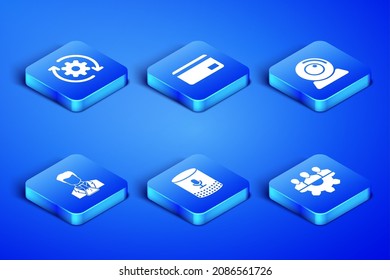 Establece la base del equipo de Project, el flujo de trabajo Gear y flechas, el asistente de voz, el tubo de prueba Científico, la tarjeta de crédito y el icono de la cámara web. Vector