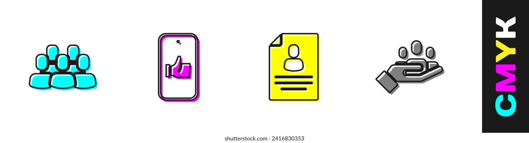 Set Project team base, Hand like, Resume and for search people icon. Vector