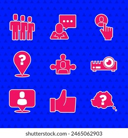 Set Project team base, Hand like, Question mark, Media projector, Head hunting,  and Users group icon. Vector