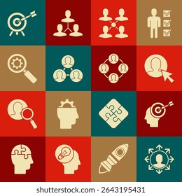 Set Project team base, Head hunting concept, User of man business suit, Magnifying glass and gear, Target with arrow and  icon. Vector