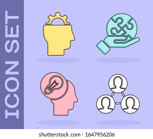 Set Project team base, Human with gear inside, Human head with lamp bulb and Piece of puzzle in hand icon. Vector