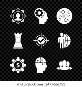 Set Project team base, Human head with gear inside, Piece of puzzle, Gear dollar symbol, puzzles strategy, Users group, Business and Target and check mark icon. Vector