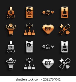 Set Project team base, Incoming call on mobile, Puzzle pieces toy, BFF or best friends forever, Romantic relationship, Friends and Dating app online icon. Vector