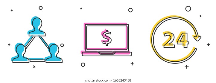 Set Project team base, Laptop with dollar symbol and American football on tv program icon. Vector