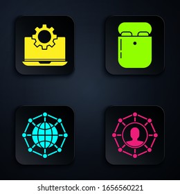 Establezca la base del equipo del Proyecto, Portátil y equipo, Tecnología global o red social y Aire auriculares en caja. Botón cuadrado negro. Vector