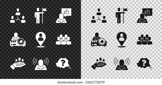 Set Project team base, Team leader, Hand like, for search people, Head hunting, Question mark, Media projector and Worker location icon. Vector