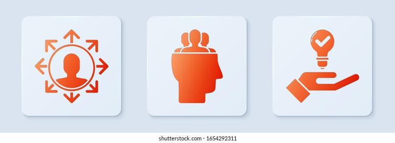 Set Project team base, Project team base and Light bulb in hand. White square button. Vector
