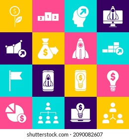 Set Project team base, Light bulb with dollar, Financial growth, Head hunting concept, Money bag, Dollar plant and Startup project icon. Vector