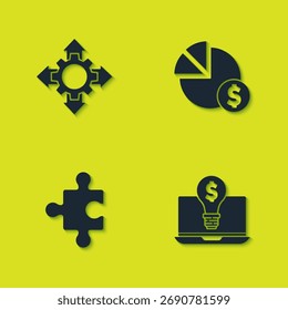 Set Project team base, Light bulb with dollar on laptop, Piece of puzzle and chart and icon. Vector