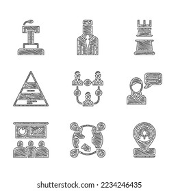 Set Project team base, Location on the globe, Worker location, Speech bubble chat, Training, presentation, Pyramid chart infographics, Business strategy and Stage stand tribune icon. Vector