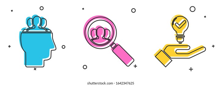 Set Project team base, Magnifying glass for search a people and Light bulb in hand icon. Vector
