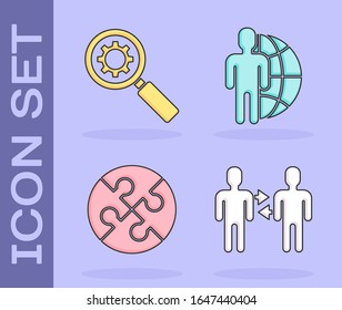 Set Project team base, Magnifying glass and gear, Piece of puzzle and Globe and people icon. Vector