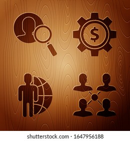 Set Project team base, Magnifying glass for search a people, Globe and people and Gear with dollar symbol on wooden background. Vector