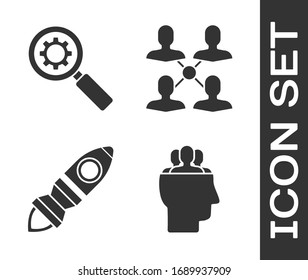 Set Project team base, Magnifying glass and gear, Rocket ship with fire and Project team base icon. Vector