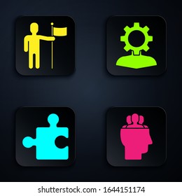 Set Project team base, Man holding flag, Piece of puzzle and Human with gear inside. Black square button. Vector