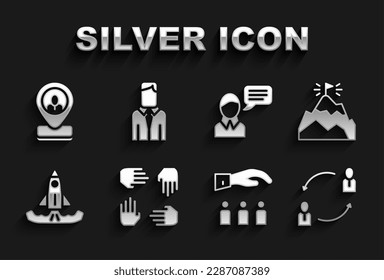 Set Project team base, Mountains with flag, Human resources, Boss employee, Rocket, Speech bubble chat, Worker location and  icon. Vector