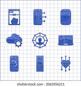 Set Project team base, Music player, Processor, Laptop, Mobile and graphic password protection, Cloud technology data transfer storage, Voice assistant and 3D printer icon. Vector